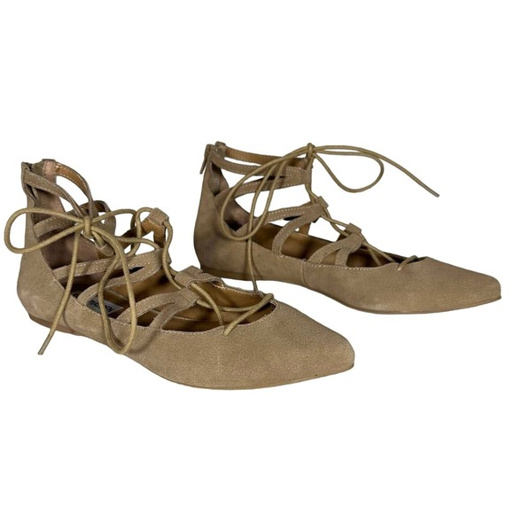 Steve Madden Shoes - Steve Madden Bambina Tan Leather Suede Lace-Up Tie Front Pointy Toe Flats Sz 7.5